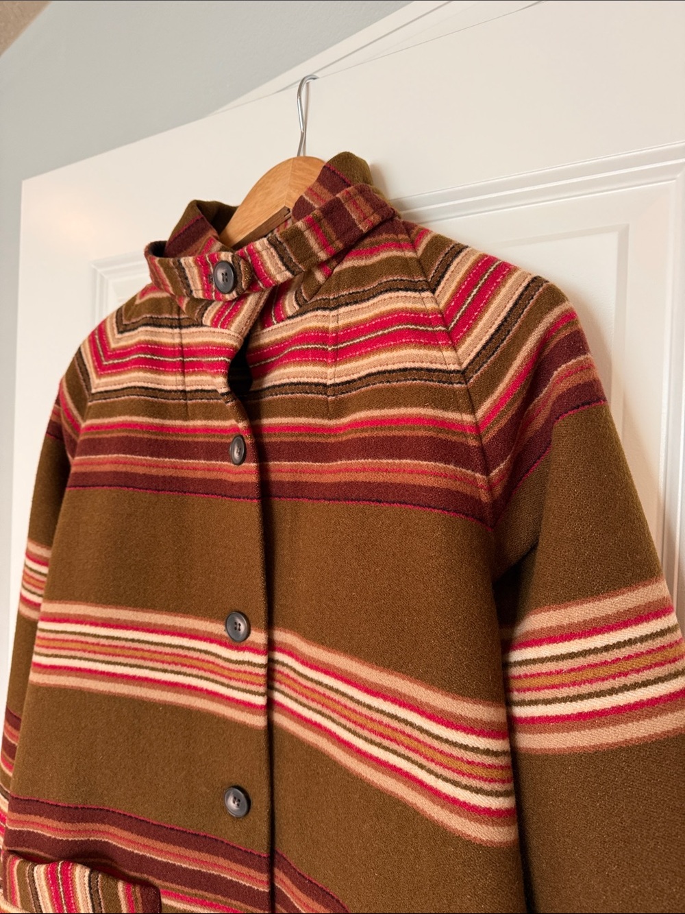 Pendleton Made in USA Brown Red Striped Virgin Wool Pea Coat size Small - Picture 2 of 16